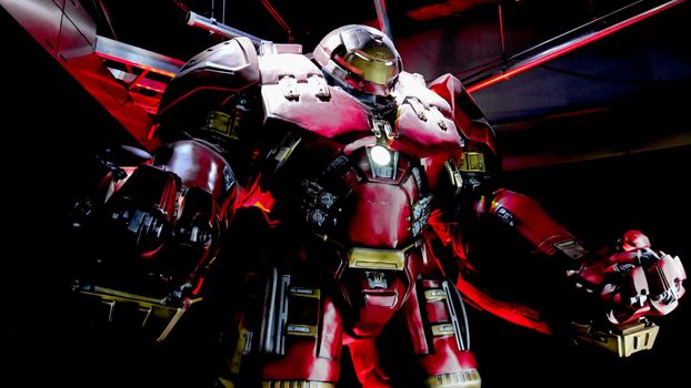 LAS VEGAS, NV, USA - Oct 09, 2017: Hulk Buster Iron Man costume at the Tony Stark base at the Avengers experience in Treasure Island Hotel and Casino on Las Vegas Strip.