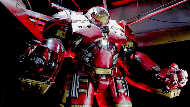 LAS VEGAS, NV, USA - Oct 09, 2017: Hulk Buster Iron Man costume at the Tony Stark base at the Avengers experience in Treasure Island Hotel and Casino on Las Vegas Strip.