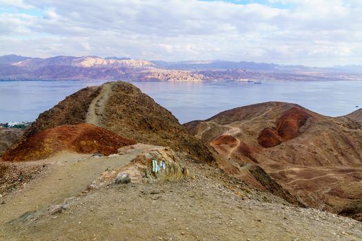 View of Mount Tzfahot and the gulf of Aqaba, with trail marks. Eilat Mountains, southern Israel and Jordan