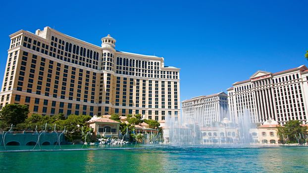 Las Vegas,NV/USA - Oct 10,2017: Fountains of Bellagio in Las Vegas. Fountains of Bellagio, which have featured in several movies, is a large dancing water fountain synchronized to music.