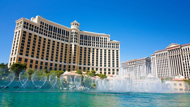 Las Vegas,NV/USA - Oct 10,2017: Fountains of Bellagio in Las Vegas. Fountains of Bellagio, which have featured in several movies, is a large dancing water fountain synchronized to music.