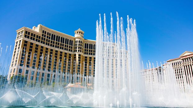 Las Vegas,NV/USA - Oct 10,2017: Fountains of Bellagio in Las Vegas. Fountains of Bellagio, which have featured in several movies, is a large dancing water fountain synchronized to music.