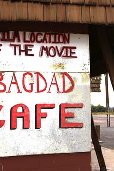 Bagdad, California, USA - Oct 29, 2015: The Bagdad Cafe from the 1960s along Route 66 in the Mojave Desert that was made famous upon the release of the 1987 German film under the same name.