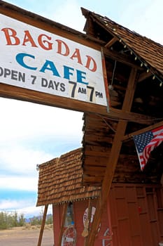 Bagdad, California, USA - Oct 29, 2015: The Bagdad Cafe from the 1960s along Route 66 in the Mojave Desert that was made famous upon the release of the 1987 German film under the same name.