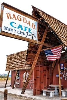 Bagdad, California, USA - Oct 29, 2015: The Bagdad Cafe from the 1960s along Route 66 in the Mojave Desert that was made famous upon the release of the 1987 German film under the same name.