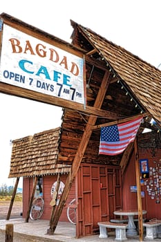 Bagdad, California, USA - Oct 29, 2015: The Bagdad Cafe from the 1960s along Route 66 in the Mojave Desert that was made famous upon the release of the 1987 German film under the same name.