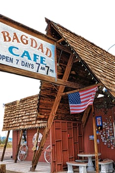 Bagdad, California, USA - Oct 29, 2015: The Bagdad Cafe from the 1960s along Route 66 in the Mojave Desert that was made famous upon the release of the 1987 German film under the same name.