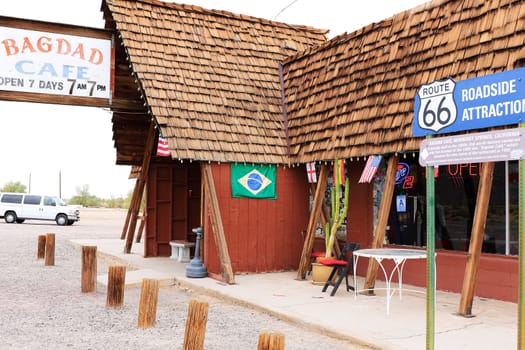 Bagdad, California, USA - Oct 29, 2015: The Bagdad Cafe from the 1960s along Route 66 in the Mojave Desert that was made famous upon the release of the 1987 German film under the same name.