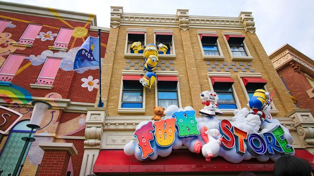 Osaka, JAPAN - NOVEMBER 03 2017: Statue of Minions from Despicable Me Minion Mayhem Movie at Minion Park in Universal Studios JAPAN.Universal Studios JAPAN is a theme park in Osaka.