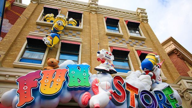 Osaka, JAPAN - NOVEMBER 03 2017: Statue of Minions from Despicable Me Minion Mayhem Movie at Minion Park in Universal Studios JAPAN.Universal Studios JAPAN is a theme park in Osaka.