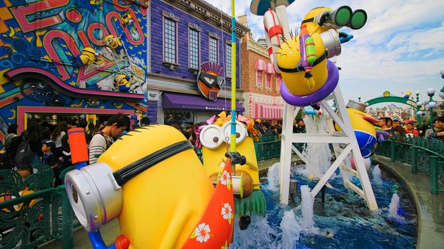 OSAKA, JAPAN - November 03, 2017 : Statue of MINIONS at MINION PARK ENTRANCE in Universal Studios JAPAN.  Minions are famous characters from Despicable Me animation.