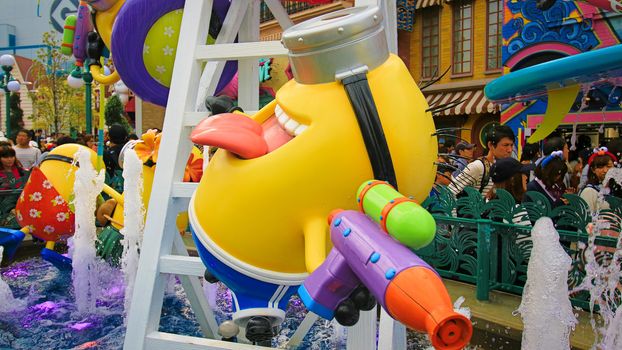 OSAKA, JAPAN - November 03, 2017 : Statue of MINIONS at MINION PARK ENTRANCE in Universal Studios JAPAN.  Minions are famous characters from Despicable Me animation.