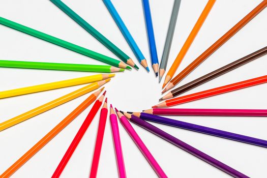 Close up of color pencils on white background. Back to school concept