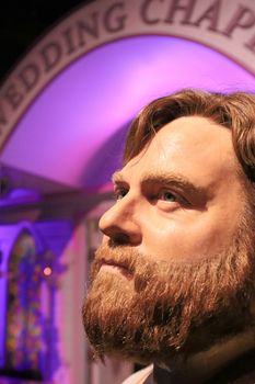 LAS VEGAS NV - Oct 09 2017: Zach Galifianakis wax figure with movie set from HANGOVER movie at Madame Tussauds museum in Las Vegas.