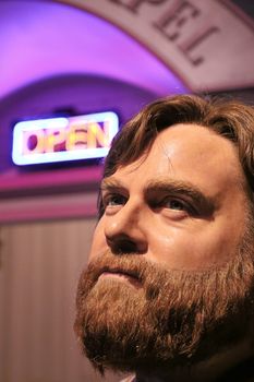 LAS VEGAS NV - Oct 09 2017: Zach Galifianakis wax figure with movie set from HANGOVER movie at Madame Tussauds museum in Las Vegas.