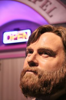 LAS VEGAS NV - Oct 09 2017: Zach Galifianakis wax figure with movie set from HANGOVER movie at Madame Tussauds museum in Las Vegas.