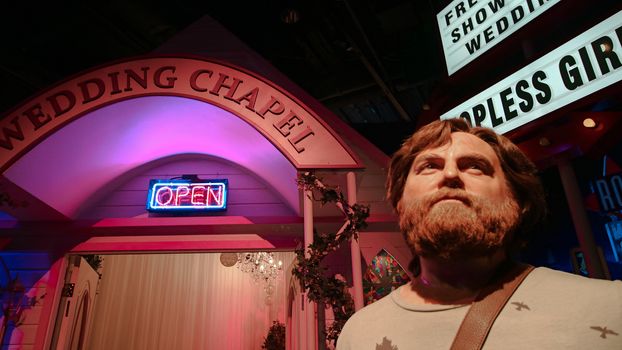 LAS VEGAS NV - Oct 09 2017: Zach Galifianakis wax figure with movie set from HANGOVER movie at Madame Tussauds museum in Las Vegas.