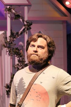 LAS VEGAS NV - Oct 09 2017: Zach Galifianakis wax figure with movie set from HANGOVER movie at Madame Tussauds museum in Las Vegas.