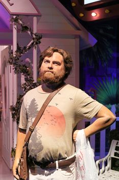 LAS VEGAS NV - Oct 09 2017: Zach Galifianakis wax figure with movie set from HANGOVER movie at Madame Tussauds museum in Las Vegas.