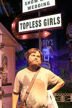 LAS VEGAS NV - Oct 09 2017: Zach Galifianakis wax figure with movie set from HANGOVER movie at Madame Tussauds museum in Las Vegas.