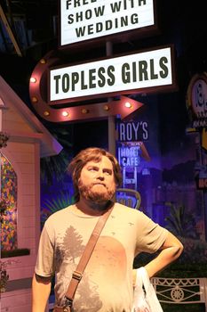 LAS VEGAS NV - Oct 09 2017: Zach Galifianakis wax figure with movie set from HANGOVER movie at Madame Tussauds museum in Las Vegas.