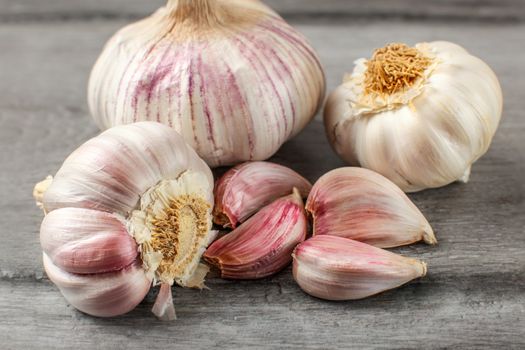 Garlic bulbs, and purple cloves on gray wood table.