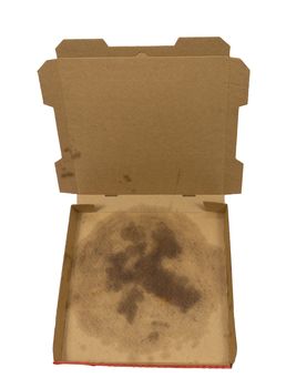 Overhead shot of an empty pizza  box with grease stain in bottom of box