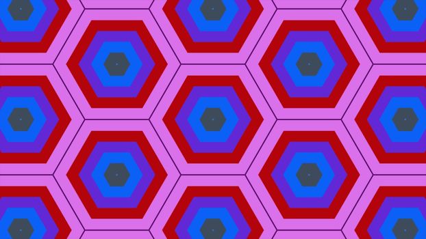 Abstract background of colorful hexagon and different surrounding rings. Abstract hexagon background.