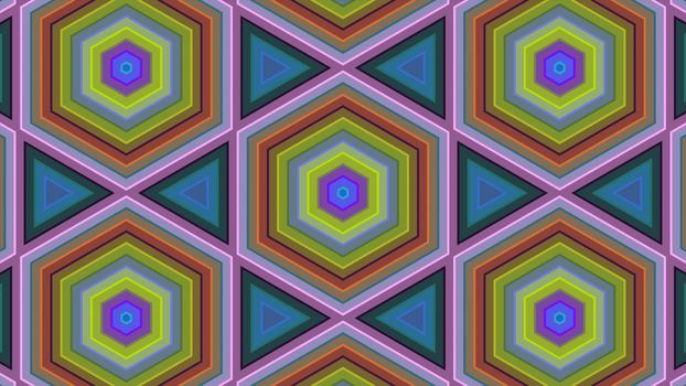 Abstract background of colorful hexagon and different surrounding rings. Abstract hexagon background.