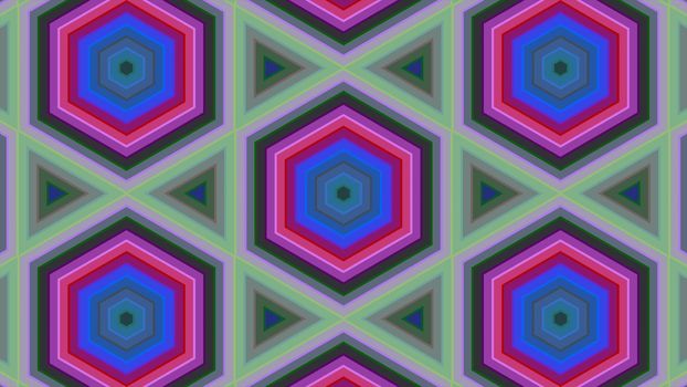 Abstract background of colorful hexagon and different surrounding rings. Abstract hexagon background.