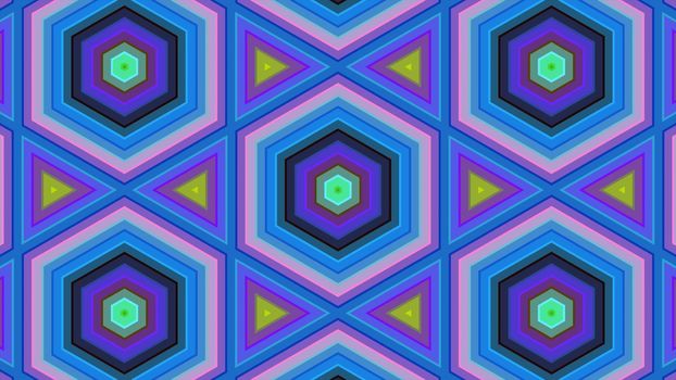 Abstract background of colorful hexagon and different surrounding rings. Abstract hexagon background.
