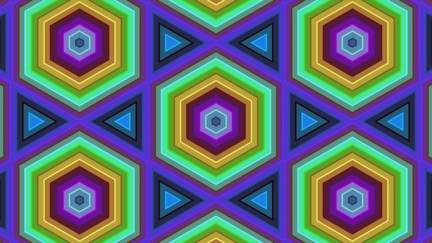 Abstract background of colorful hexagon and different surrounding rings. Abstract hexagon background.
