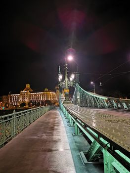 The Liberty Bridge and the Budapest Gellert hotel in the evening lights. High quality photo