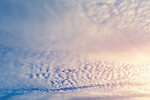 Clouds in blue and pink sky. Sky with fluffy clouds background