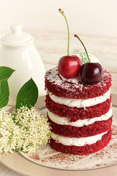 Red cake with cherry. Cake sweet dessert for holiday