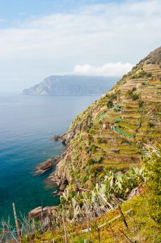 Coastal view on a clear winter's day over towards Monterosso from Vernazza in Cinque Terre, Italy