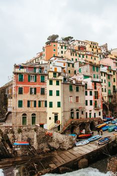 Harbour and main square view of Riomaggiore in Cinque Terre, Italy