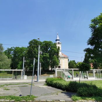 Miskolc suburban church and street view. High quality photo