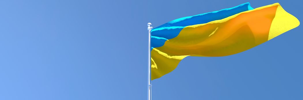 3D rendering of the national flag of Ukraine waving in the wind against a blue sky