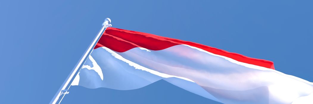 3D rendering of the national flag of Indonesia waving in the wind against a blue sky