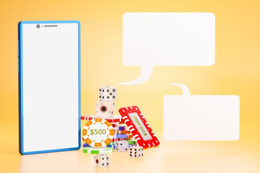 The dice and gambling chips are stacked next to the blue mobile phone and a blank white text box on an orange background. The concept of online casino gambling. 3D rendering illustration.