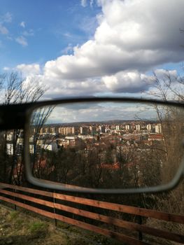 Cityscape of Miskolc from the Avasi lookout tower, viewed from my glasses. High quality photo
