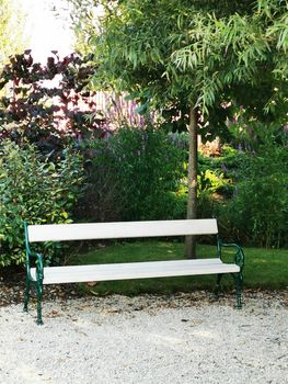 An empty park bench sitting in front of a tree. High quality photo