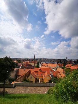 Wide-angle view of the beautiful city of Eger in top view High quality photo