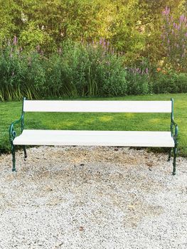 An empty park bench sitting in the grass. High quality photo