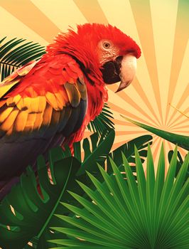 Close-up of a parrot with plant illustration . High quality photo