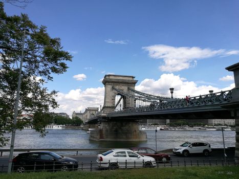 The Chain Bridge skyline and cars travelling on buda quay.High quality photo