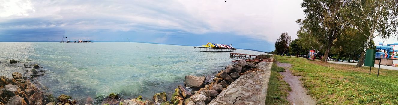 Panoramic view of the shore of Lake Balaton in Siofok. High quality photo