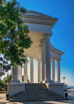 Chernomorsk, Ukraine 08.22.2020. Colonnade in Chernomorsk city on a sunny summer morning