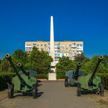 Chernomorsk, Ukraine 08.22.2020. Obelisk of Glory in Chernomorsk city on a sunny summer morning